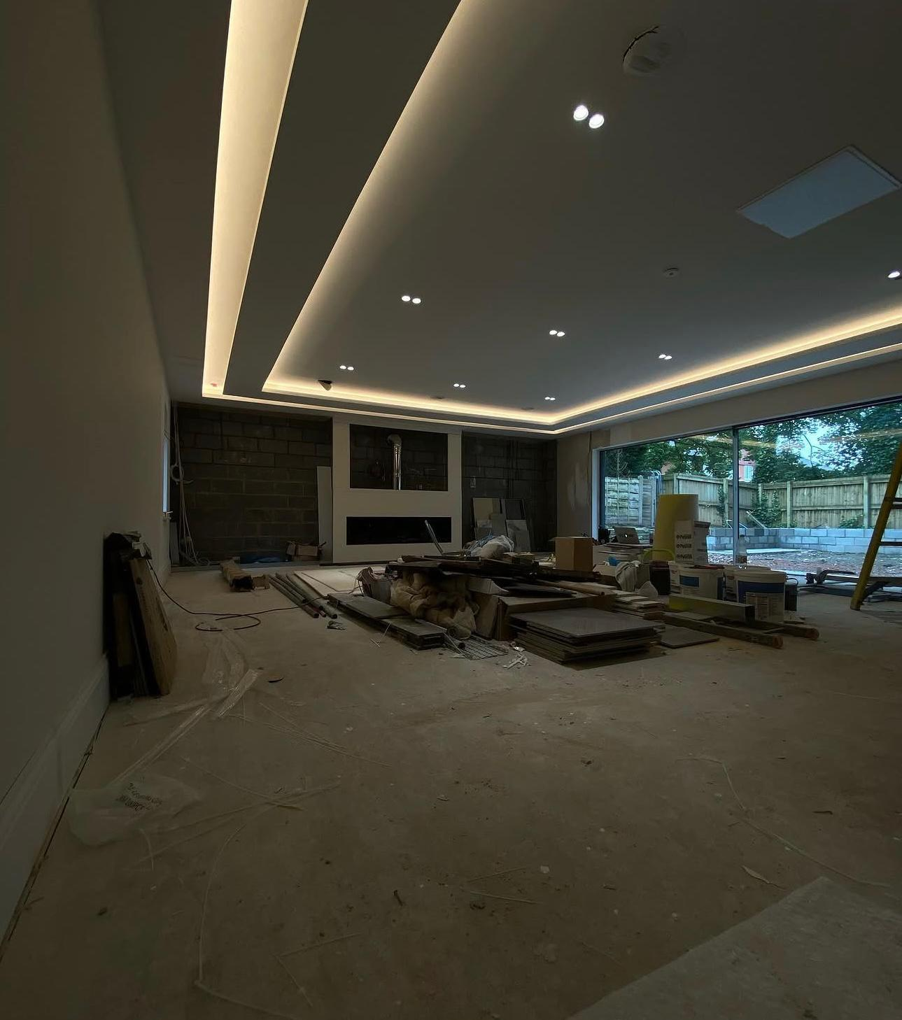 Recessed LED ceiling lighting installed in open-plan living space in Cobham