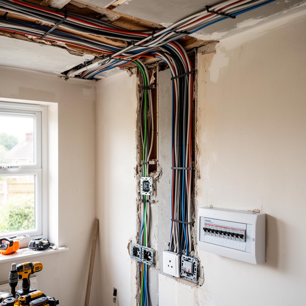 Full house rewire in progress with new cable runs through walls and consumer unit in Cobham