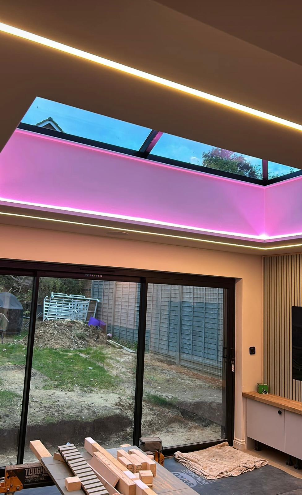 RGB LED skylight lighting installed in modern extension in Surrey